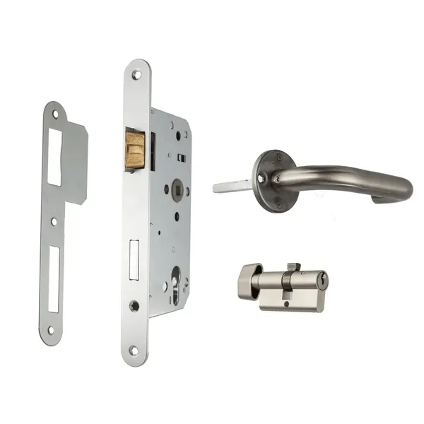 Disassembled door lock set with a metal handle, latch mechanism, strike plate, and cylinder. Components are silver and laid out separately against a white background. High Security Lock Installation