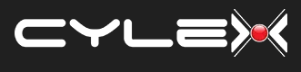 The image shows the word "CYLEX" in a modern, white font on a black background, with a red circular button inside the letter "X.