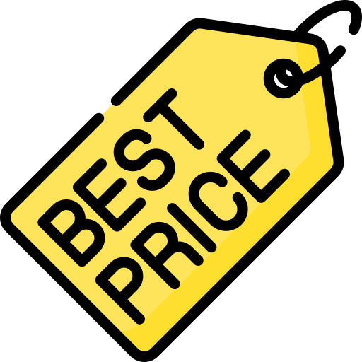 A yellow price tag with a black border and the words "BEST PRICE" written in bold black letters, attached by a black string.